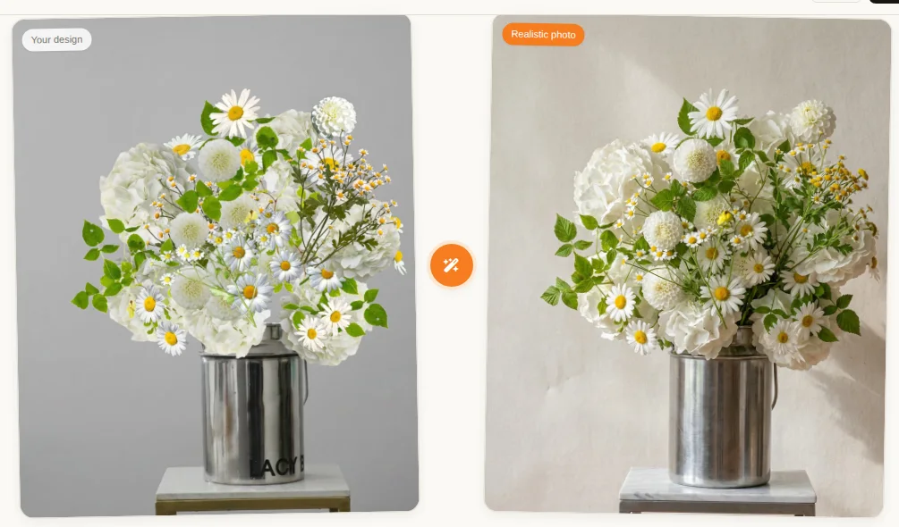 Bouquet Builder: a bouquet designed on canvas next to its photorealistic render